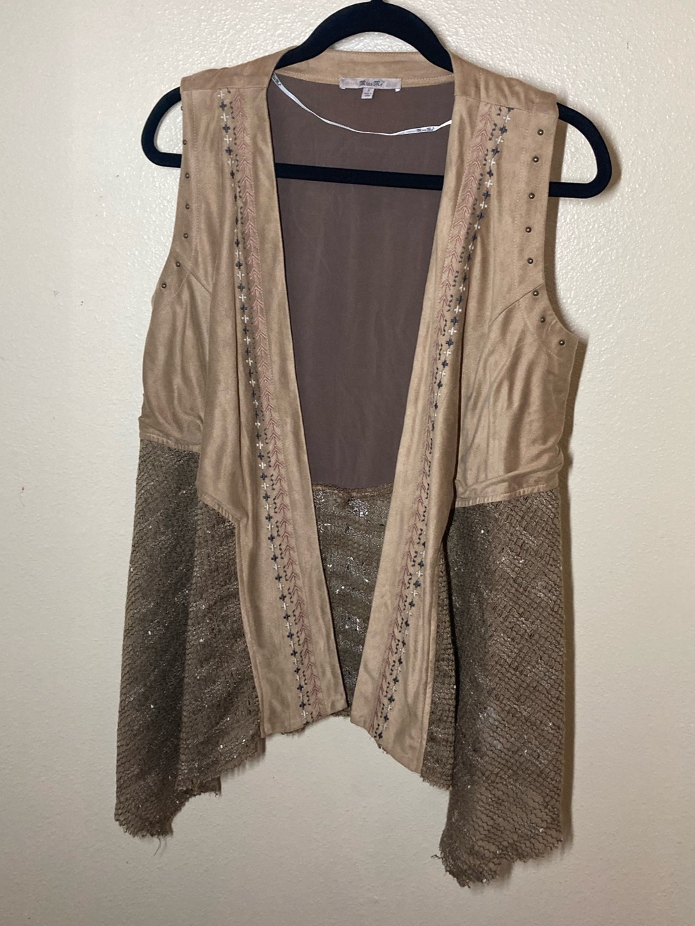 Miss Me Suede Western Vest With Studs, Embroidery, Woven Trim Design Beige/Brown